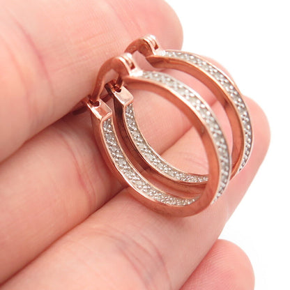 925 Sterling Silver Rose Gold Plated Real White Diamond Round Hoop Earrings