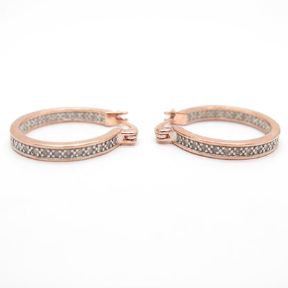 925 Sterling Silver Rose Gold Plated Real White Diamond Round Hoop Earrings