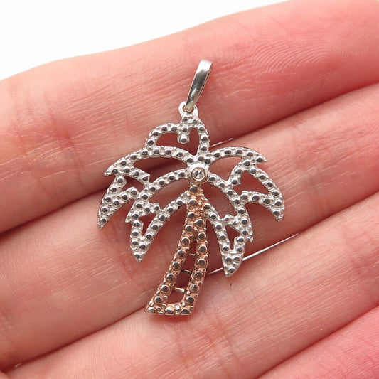 925 Sterling Silver 2-Tone Real Diamond Accent Palm Tree Pendant