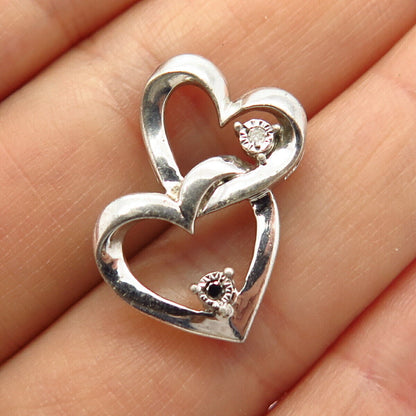 925 Sterling Silver Real White & Black Diamond Double Heart Design Slide Pendant