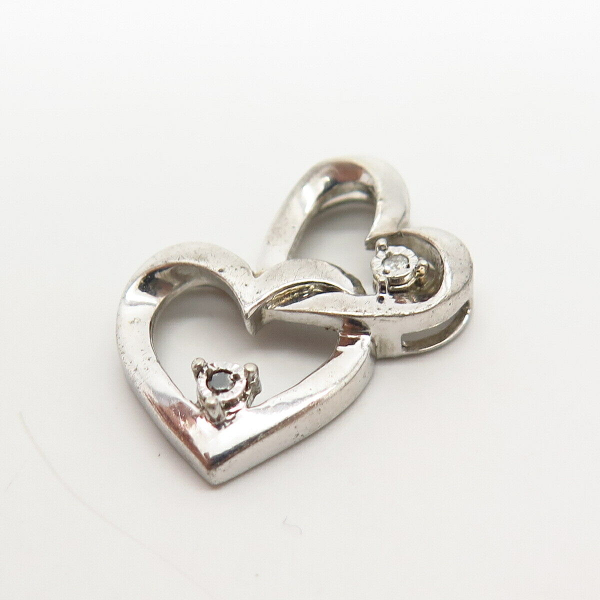 925 Sterling Silver Real White & Black Diamond Double Heart Design Slide Pendant