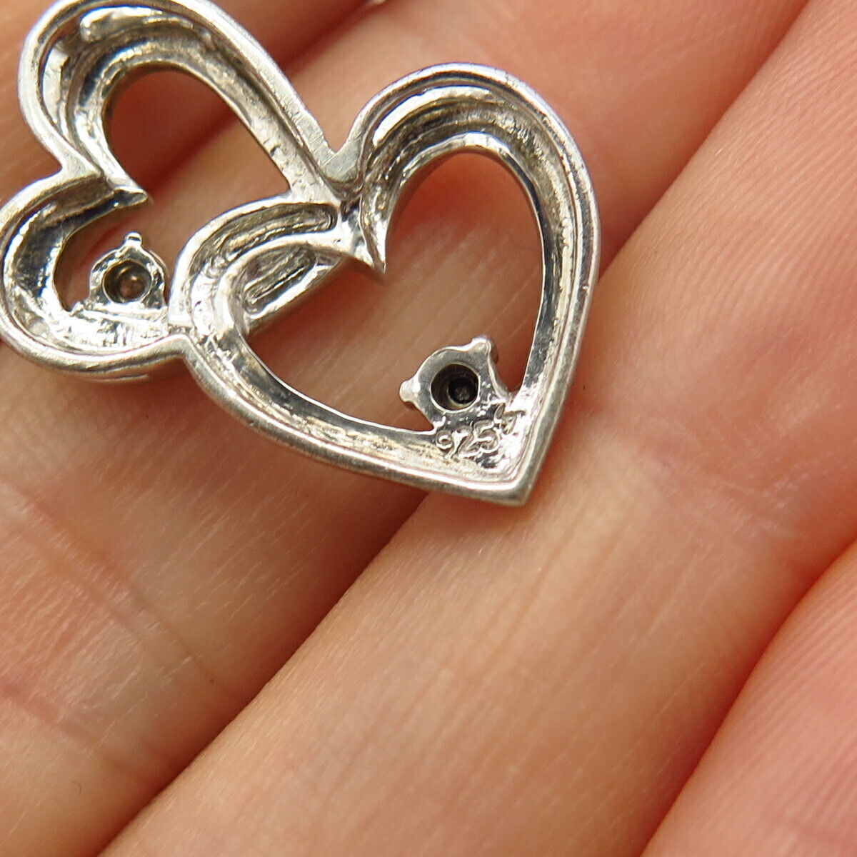 925 Sterling Silver Real White & Black Diamond Double Heart Design Slide Pendant