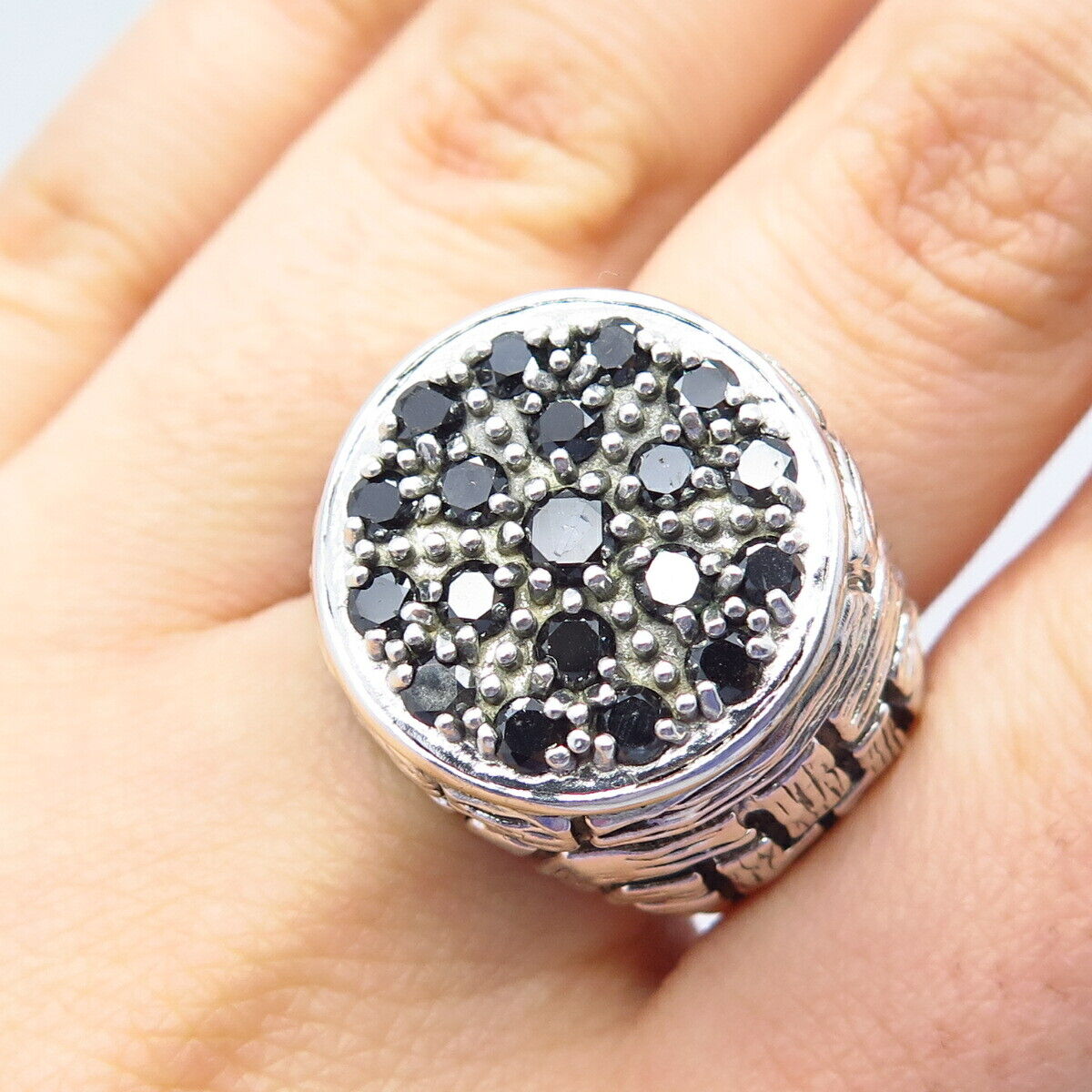 925 Sterling Silver Vintage Real Black Diamond Domed Ring Size 8.75