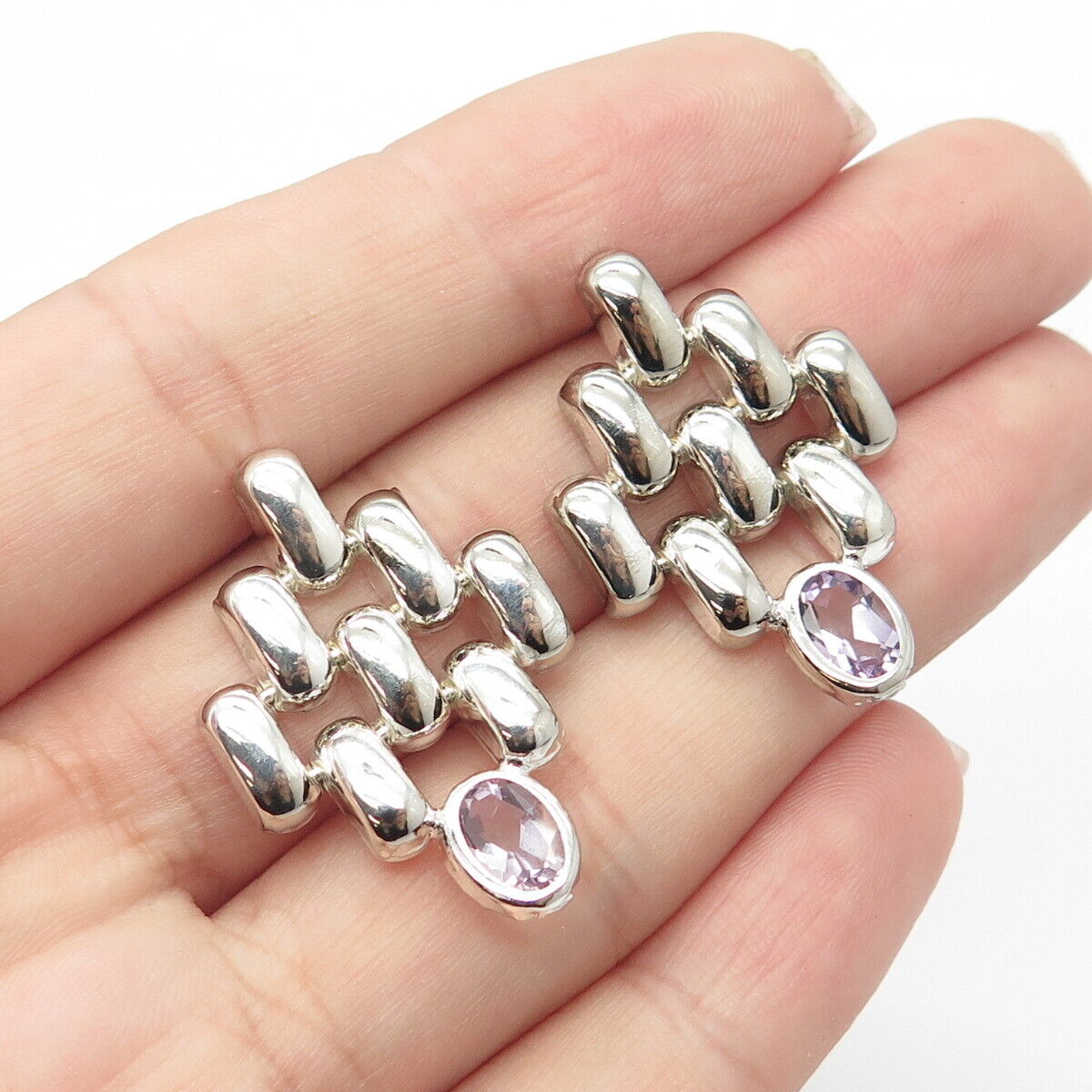 925 Sterling Silver Vintage Real Amethyst Gemstone Fence Earrings