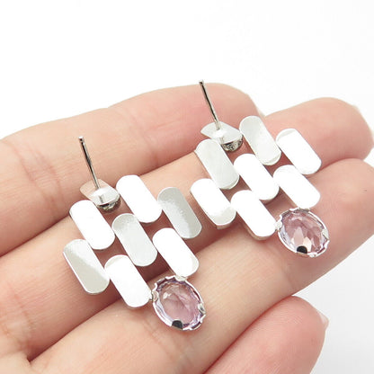 925 Sterling Silver Vintage Real Amethyst Gemstone Fence Earrings