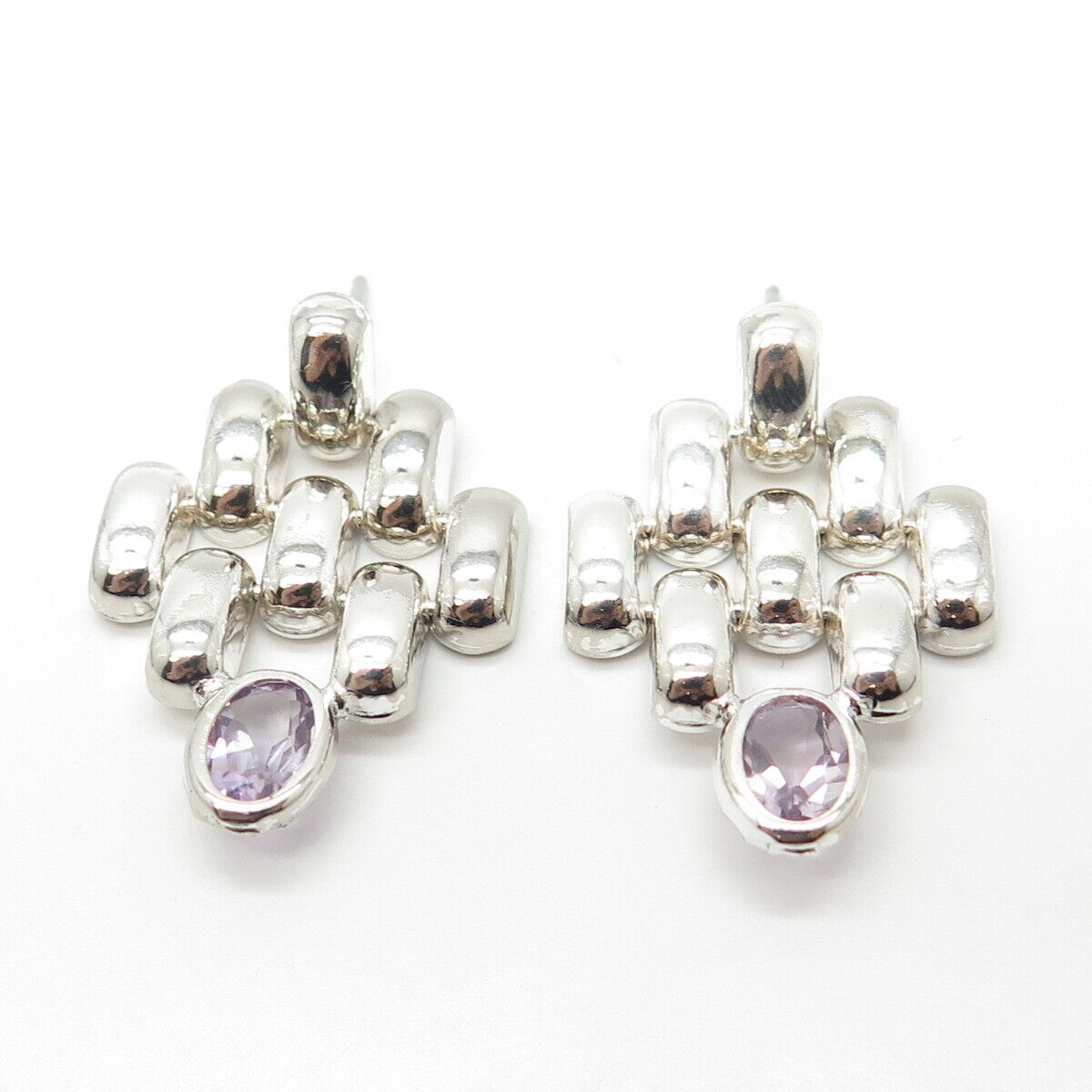 925 Sterling Silver Vintage Real Amethyst Gemstone Fence Earrings