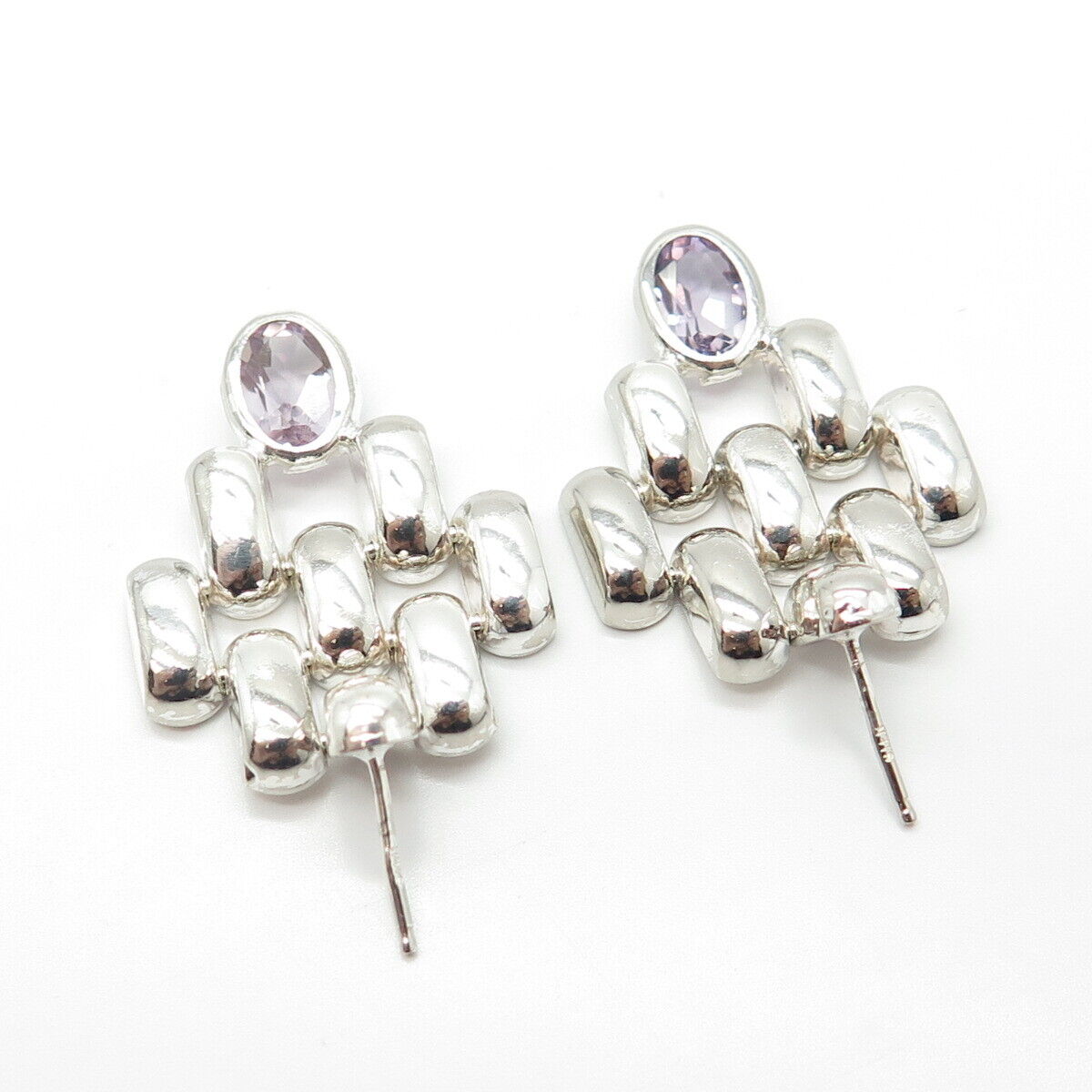 925 Sterling Silver Vintage Real Amethyst Gemstone Fence Earrings