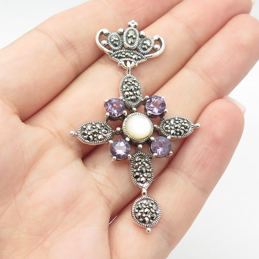 925 Sterling Silver Vintage Mother-of-Pearl Amethyst Marcasite Gem Cross Pendant