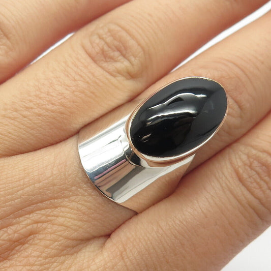 925 Sterling Silver Vintage Mexico Real Black Onyx Gem Adjustable Ring Size 11