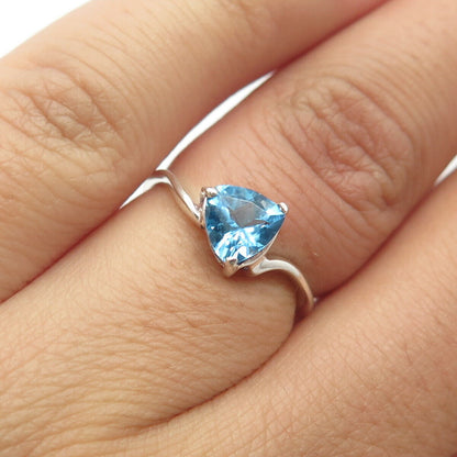 925 Sterling Silver Vintage Real Blue Topaz Gem Triangle Ring Size 5