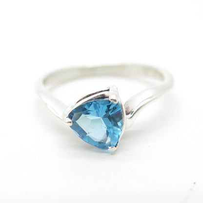 925 Sterling Silver Vintage Real Blue Topaz Gem Triangle Ring Size 5