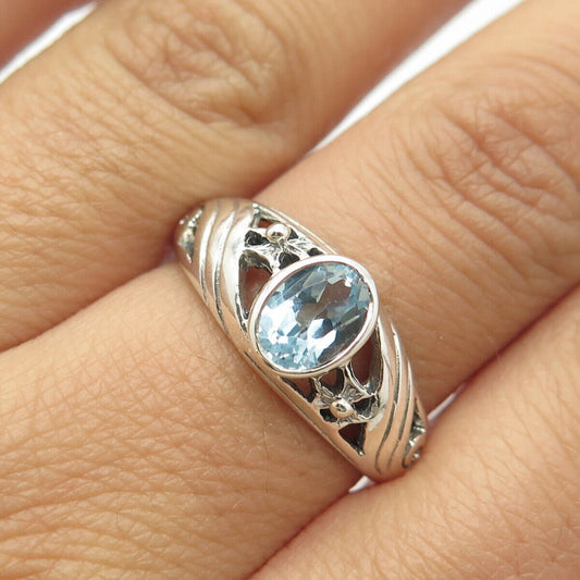 925 Sterling Silver Vintage Real Blue Topaz Gem Floral Ring Size 8