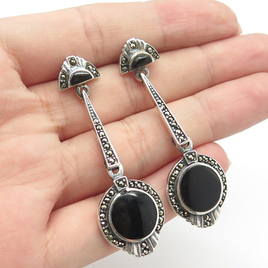 925 Sterling Silver Vintage Real Black Onyx & Marcasite Dangling Earrings