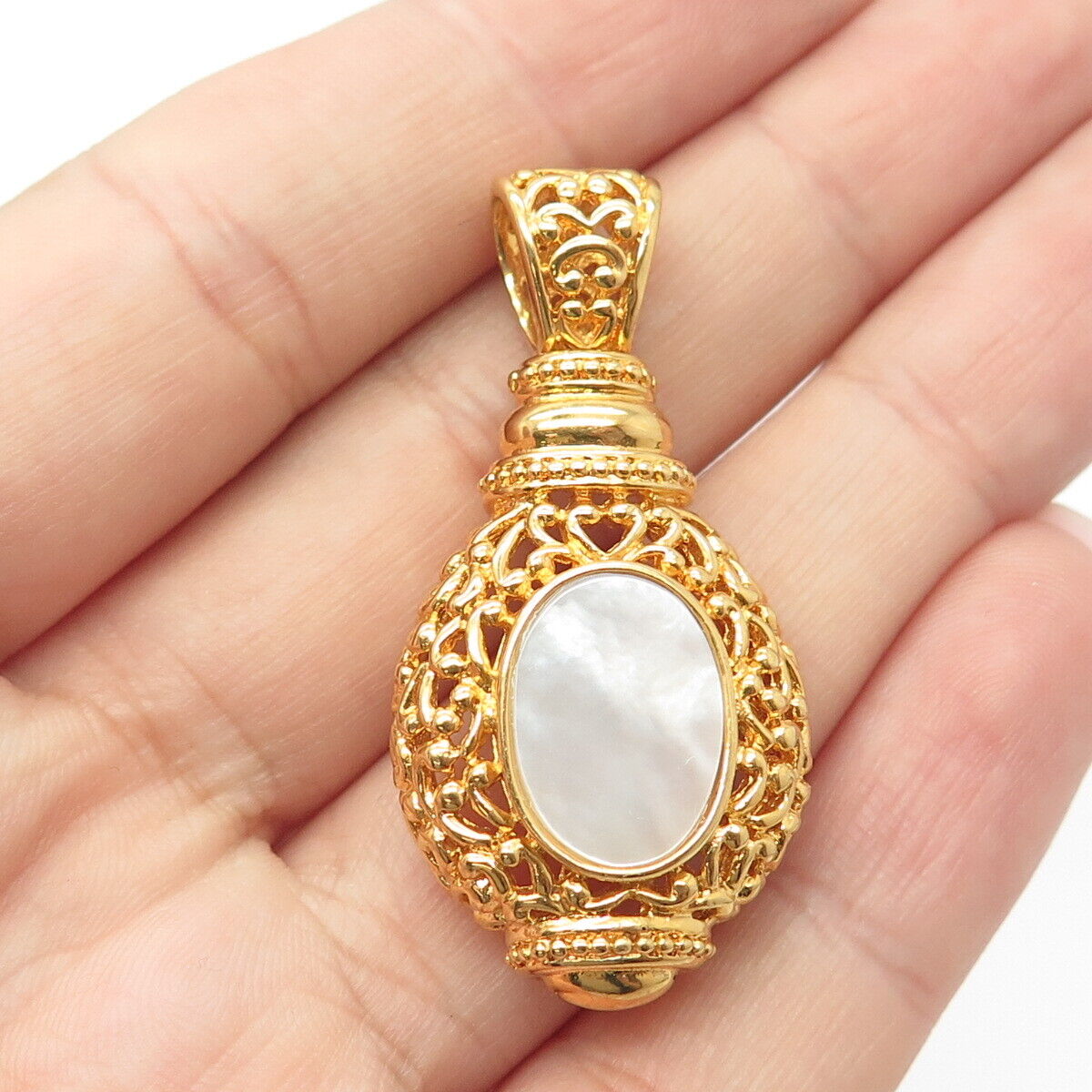 925 Sterling Silver Gold Plated Real Mother-of-Pearl Scroll Heart Pendant