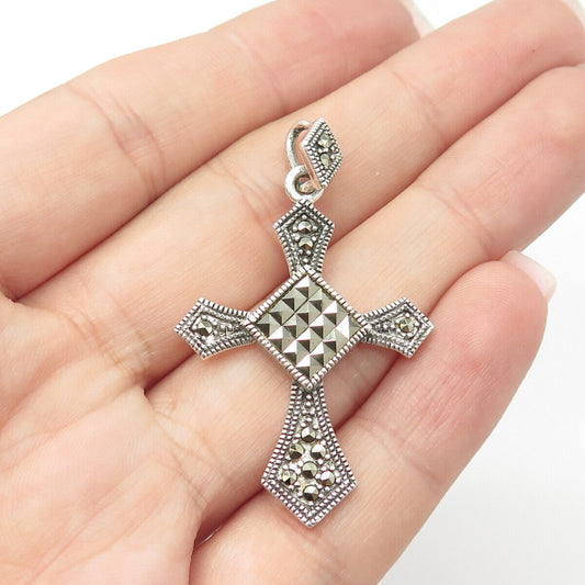 925 Sterling Silver Vintage Real Marcasite Gem Cross Pendant