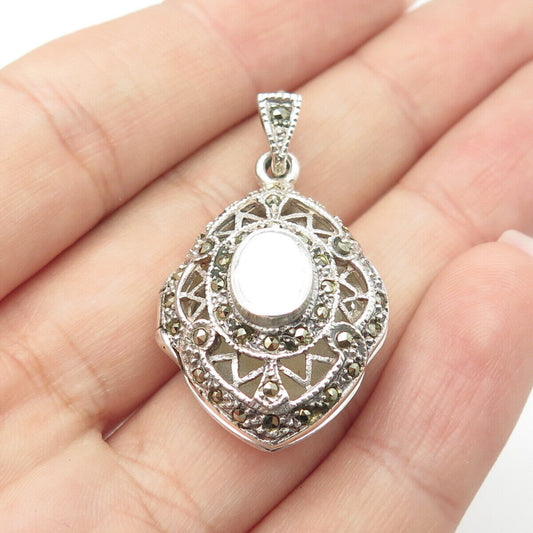 925 Sterling Silver Vintage Real Mother-of-Pearl & Marcasite Locket Pendant