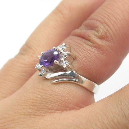 925 Sterling Silver Vintage Real Amethyst Gem & C Z Ring Size 4.75