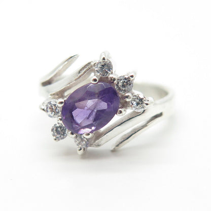 925 Sterling Silver Vintage Real Amethyst Gem & C Z Ring Size 4.75