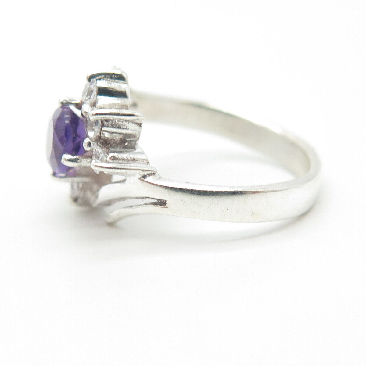 925 Sterling Silver Vintage Real Amethyst Gem & C Z Ring Size 4.75