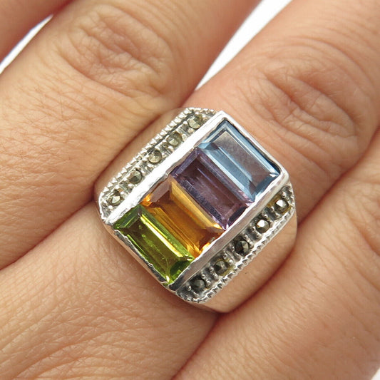 925 Sterling Silver Vintage Amethyst Citrine Peridot Topaz Gem Ring Size 6.75