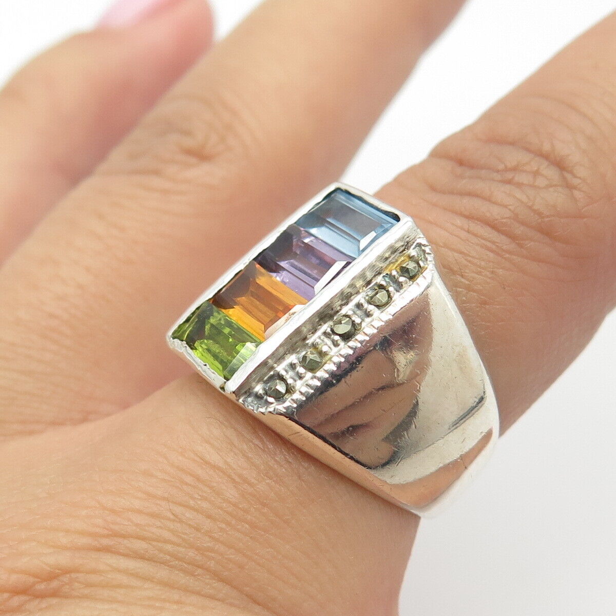 925 Sterling Silver Vintage Amethyst Citrine Peridot Topaz Gem Ring Size 6.75