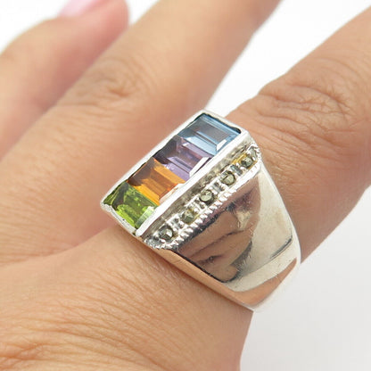 925 Sterling Silver Vintage Amethyst Citrine Peridot Topaz Gem Ring Size 6.75