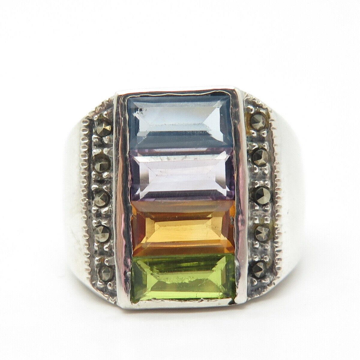 925 Sterling Silver Vintage Amethyst Citrine Peridot Topaz Gem Ring Size 6.75