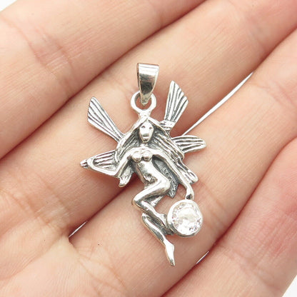 925 Sterling Silver Vintage C Z Naked Girl w/Wings Pendant