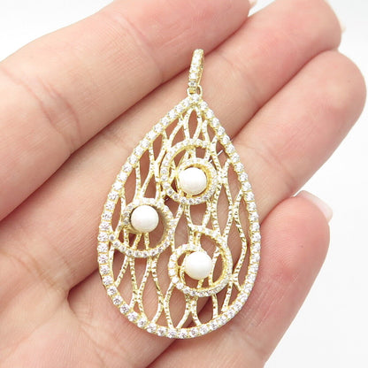 925 Sterling Silver Gold Plated Faux Pearl & Pave C Z Teardrop Pendant