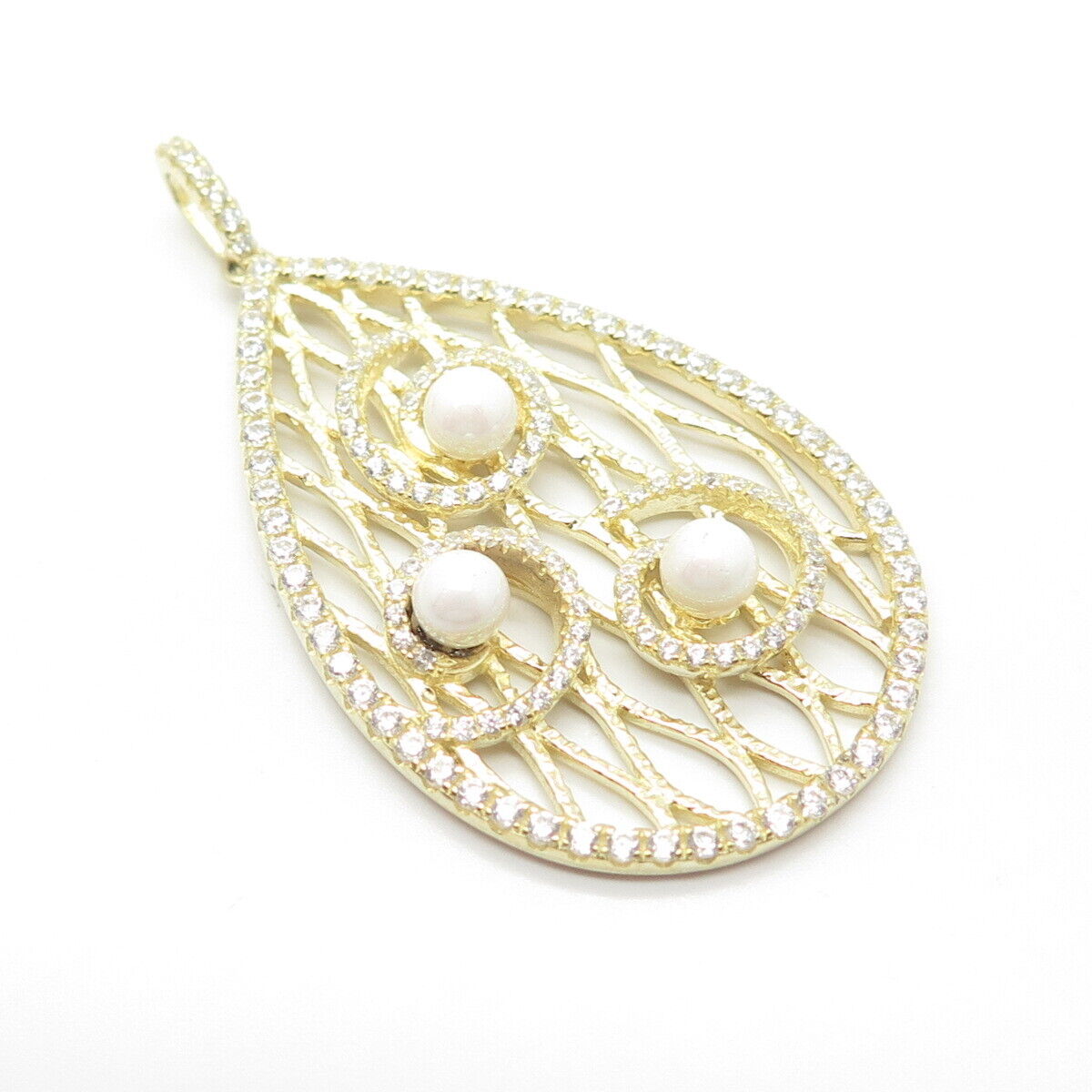 925 Sterling Silver Gold Plated Faux Pearl & Pave C Z Teardrop Pendant