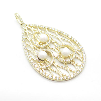 925 Sterling Silver Gold Plated Faux Pearl & Pave C Z Teardrop Pendant