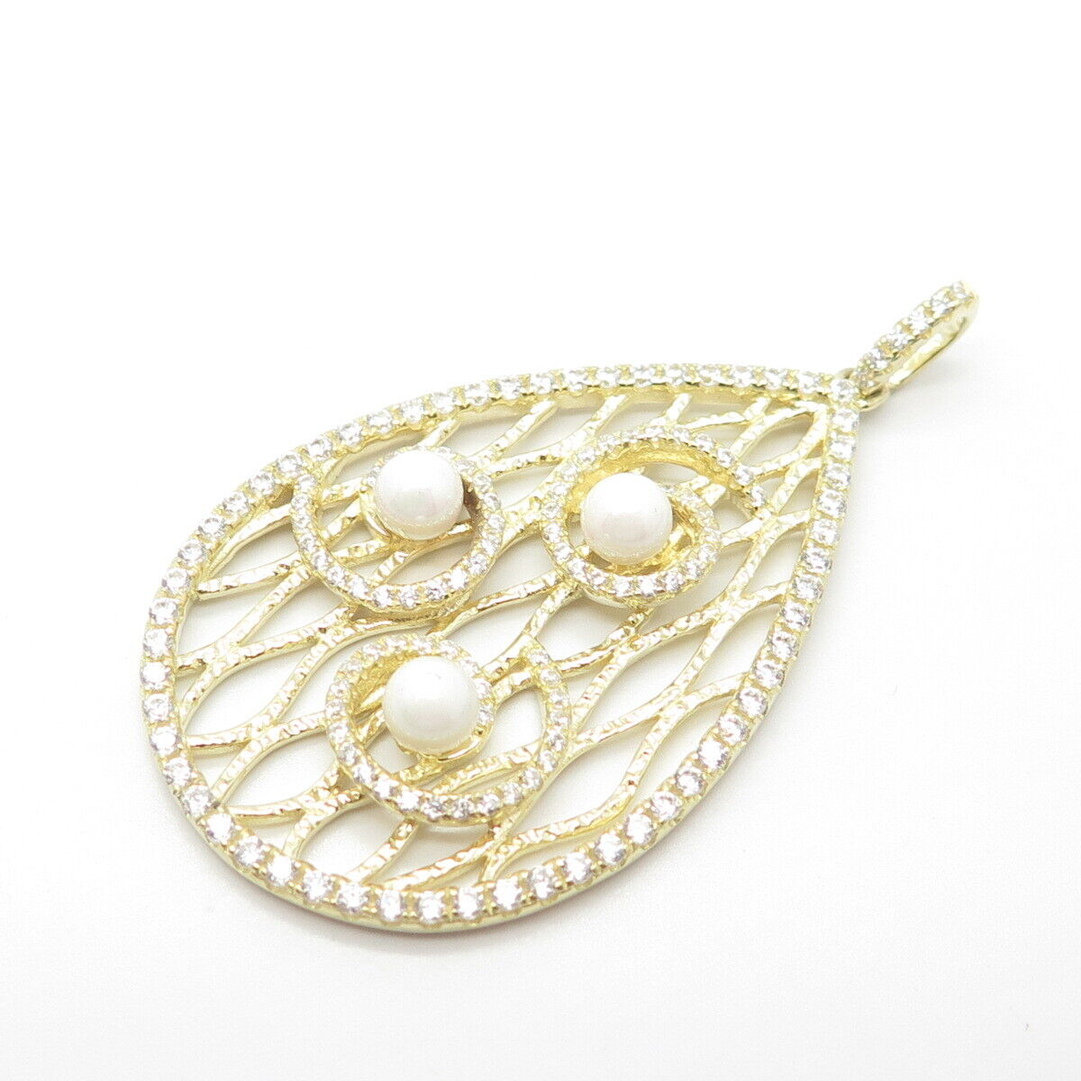 925 Sterling Silver Gold Plated Faux Pearl & Pave C Z Teardrop Pendant