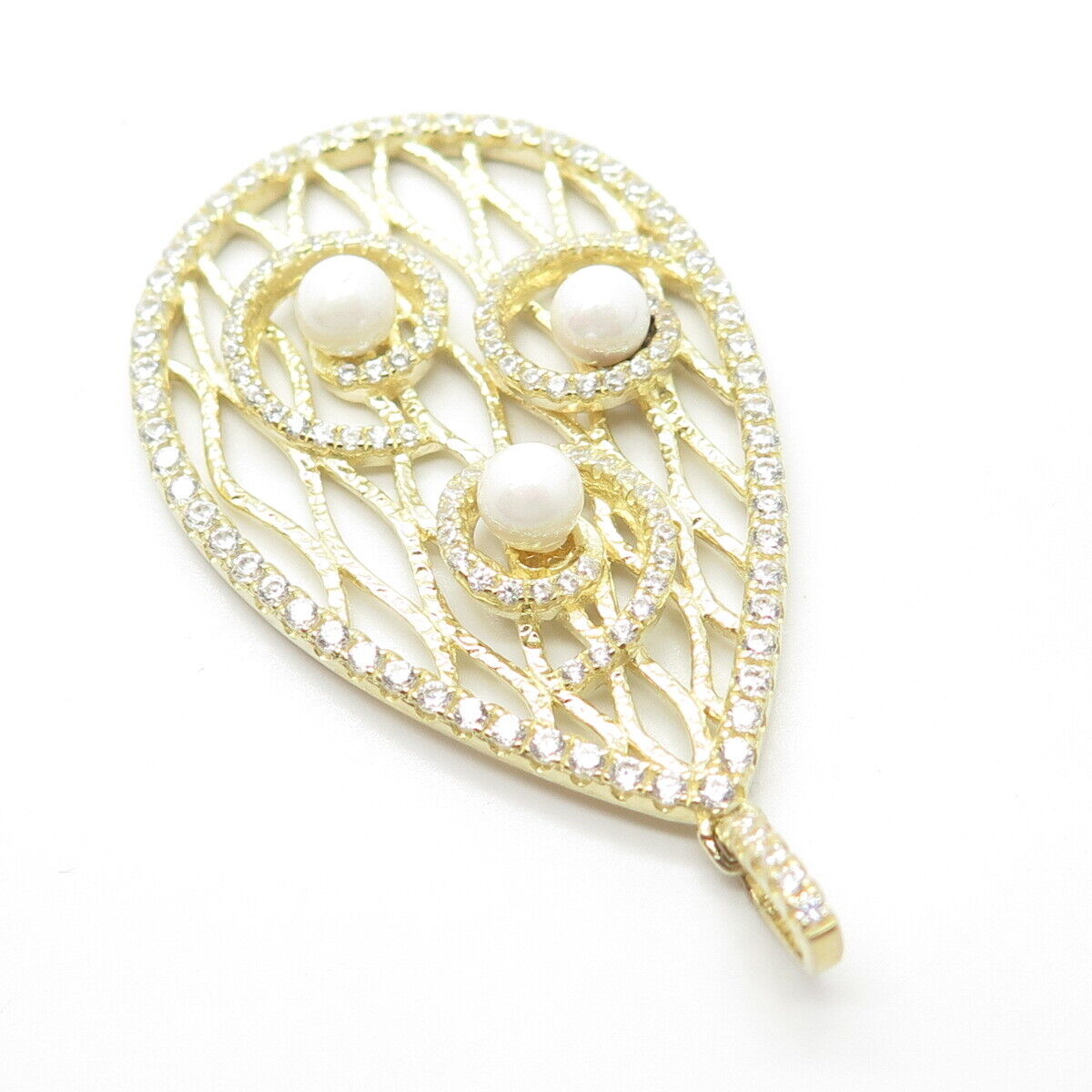 925 Sterling Silver Gold Plated Faux Pearl & Pave C Z Teardrop Pendant