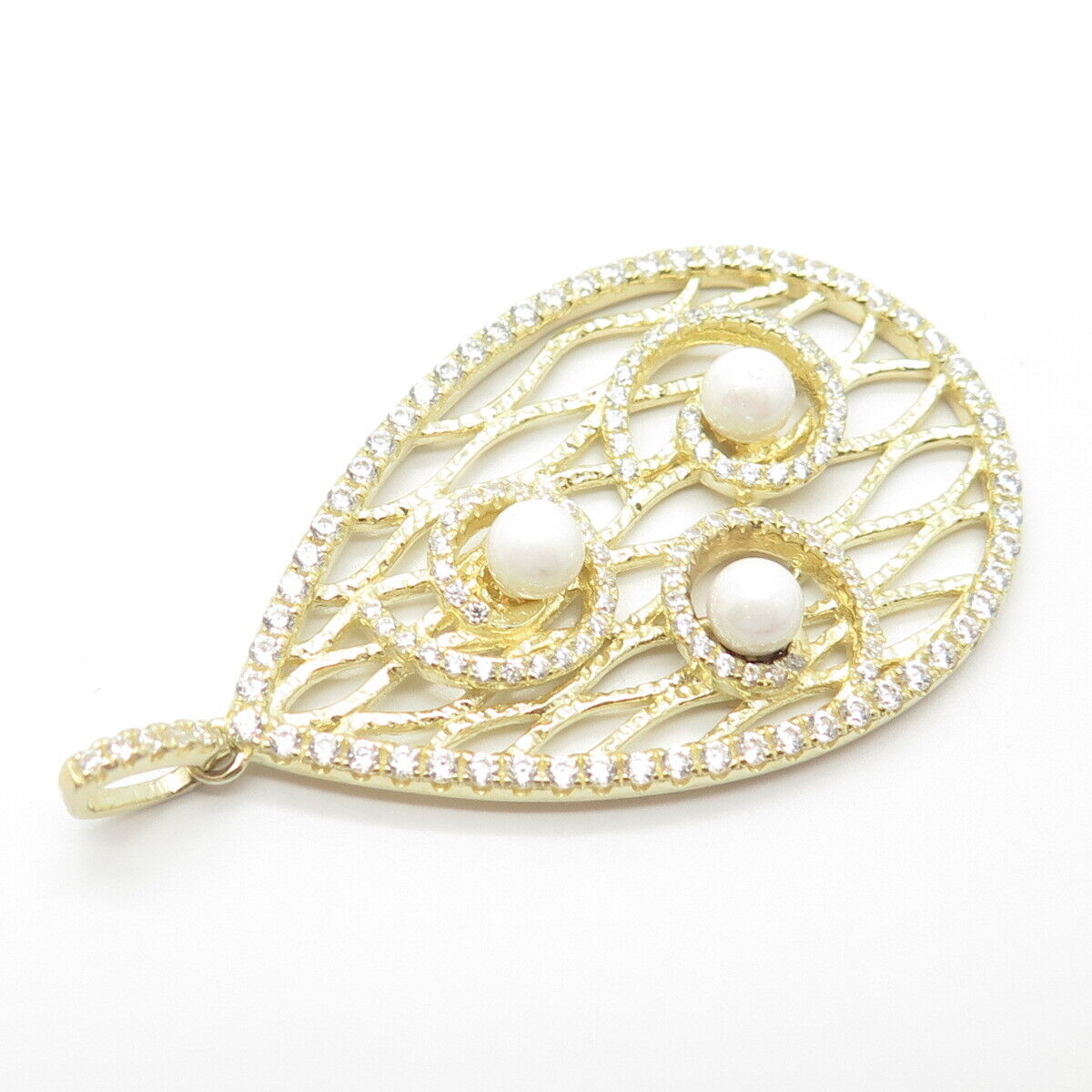 925 Sterling Silver Gold Plated Faux Pearl & Pave C Z Teardrop Pendant