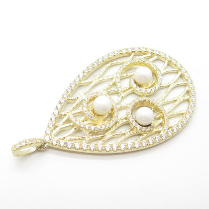 925 Sterling Silver Gold Plated Faux Pearl & Pave C Z Teardrop Pendant