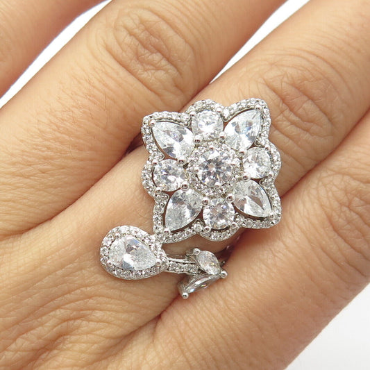 925 Sterling Silver Pave C Z Floral Overlap Ring Size 7.5