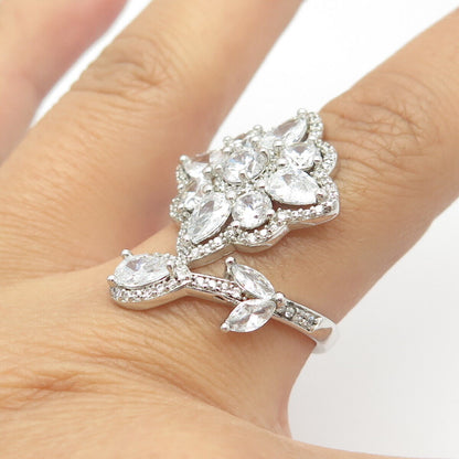 925 Sterling Silver Pave C Z Floral Overlap Ring Size 7.5