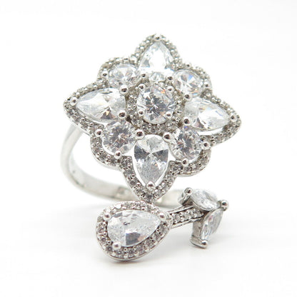 925 Sterling Silver Pave C Z Floral Overlap Ring Size 7.5