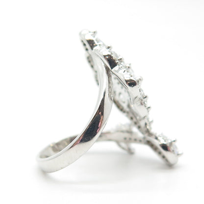 925 Sterling Silver Pave C Z Floral Overlap Ring Size 7.5