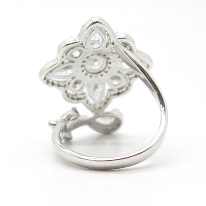 925 Sterling Silver Pave C Z Floral Overlap Ring Size 7.5