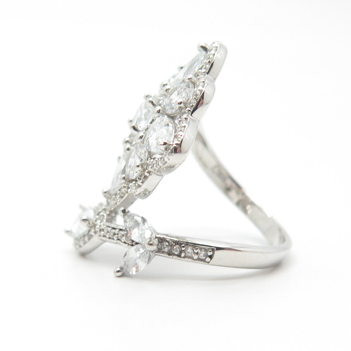 925 Sterling Silver Pave C Z Floral Overlap Ring Size 7.5