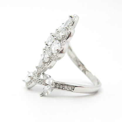 925 Sterling Silver Pave C Z Floral Overlap Ring Size 7.5