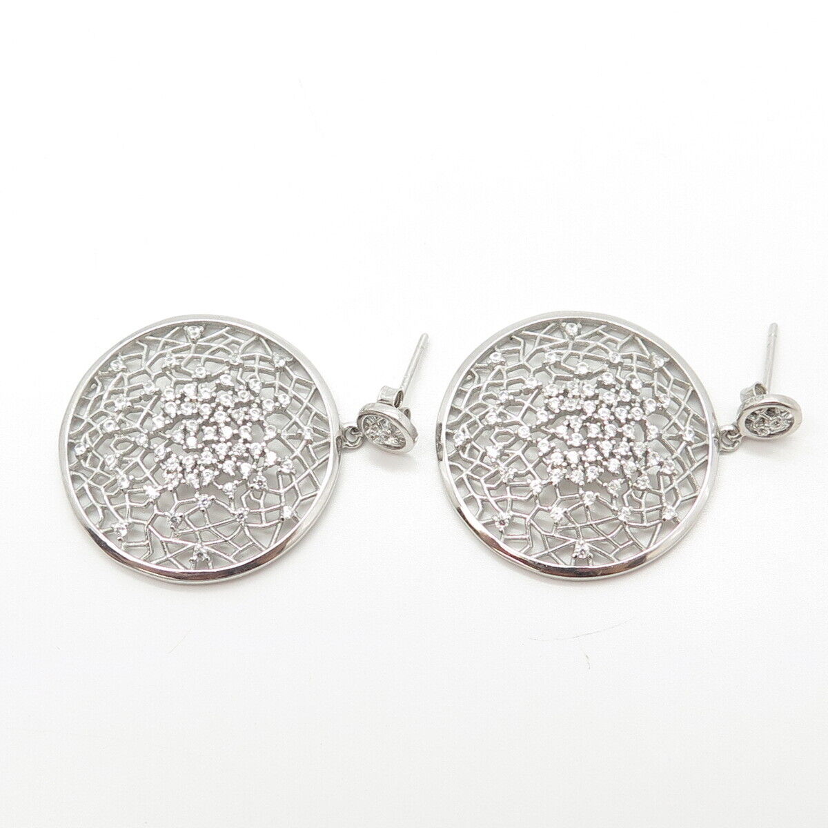 925 Sterling Silver Pave C Z Round Dangling Earrings