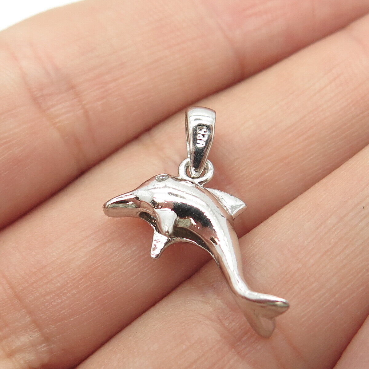 925 Sterling Silver Vintage C Z Dolphin For Good Luck Pendant