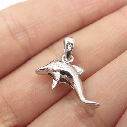 925 Sterling Silver Vintage C Z Dolphin For Good Luck Pendant