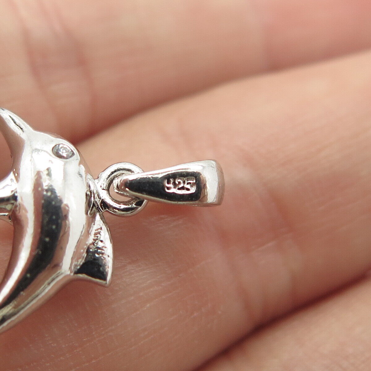 925 Sterling Silver Vintage C Z Dolphin For Good Luck Pendant