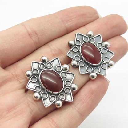 925 Sterling Silver Vintage CII Mexico Real Carnelian Gem Floral Earrings