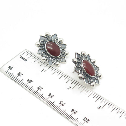 925 Sterling Silver Vintage CII Mexico Real Carnelian Gem Floral Earrings