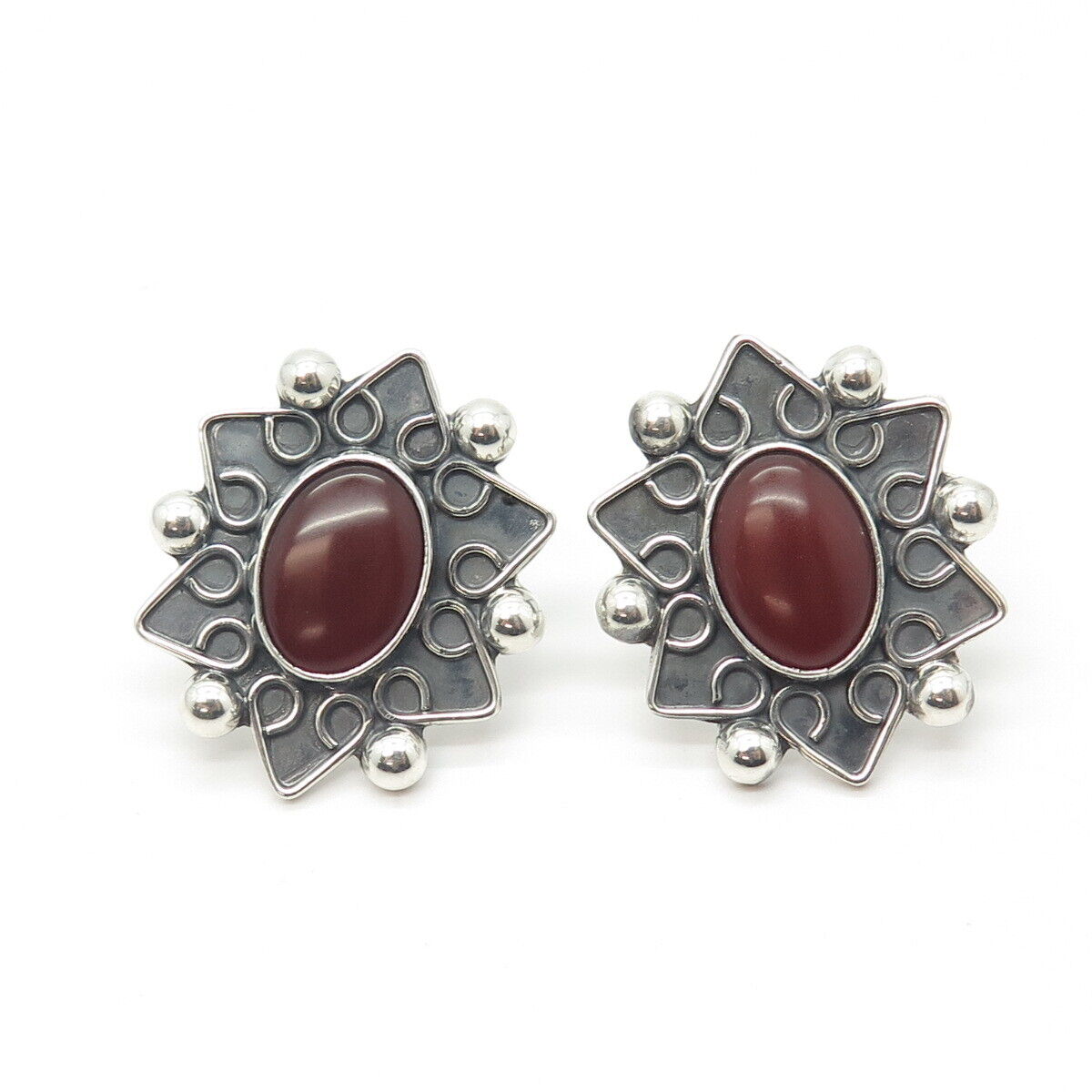 925 Sterling Silver Vintage CII Mexico Real Carnelian Gem Floral Earrings