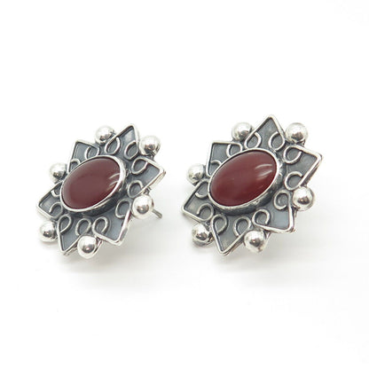 925 Sterling Silver Vintage CII Mexico Real Carnelian Gem Floral Earrings